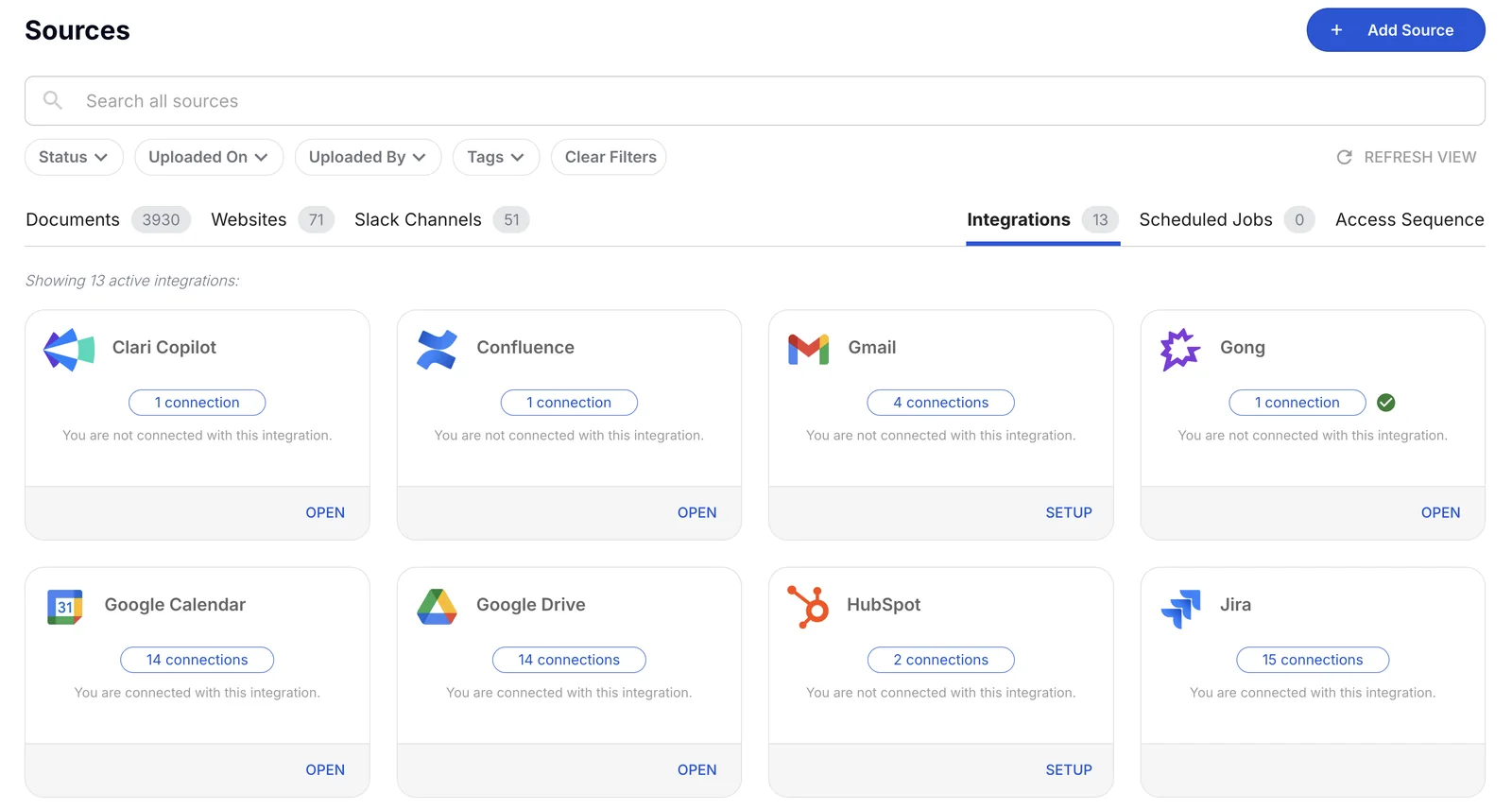 The Sources screen in Tribble, showing connected tools such as Confluence, Google Drive, Salesforce and SharePoint