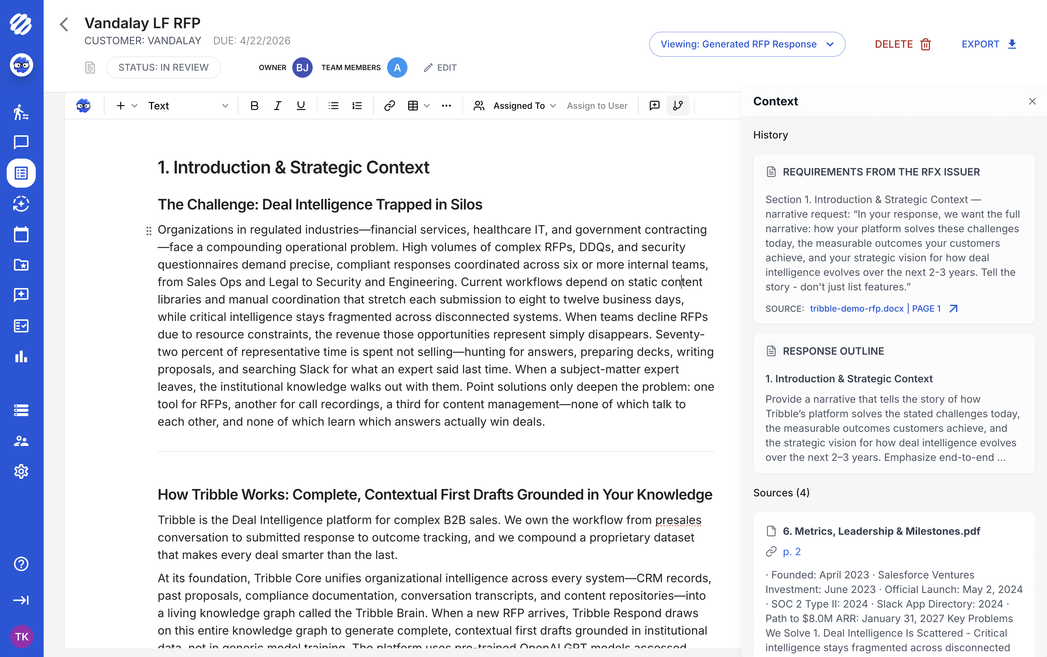 Tribble response editor showing source context and cited evidence